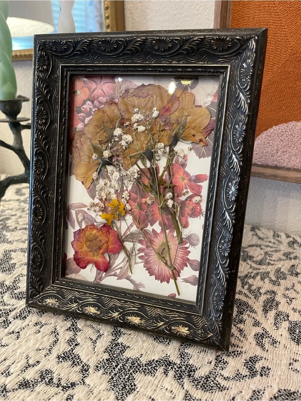 Pressed Floral Art in Black Ornate Frame